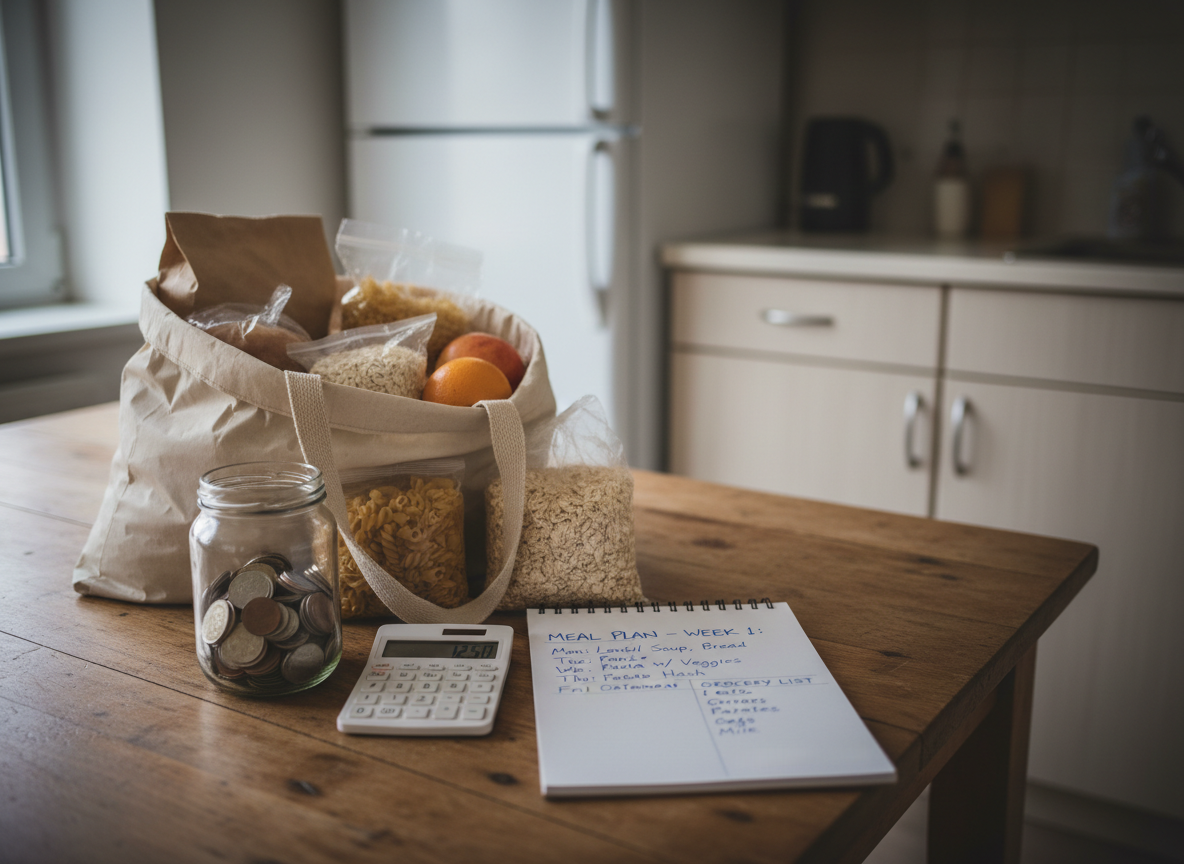 A neatly organized kitchen table showing practical budget cuts: a worn but clean wooden tabletop spread with a simple home-cooked meal plan written on a blank notepad, an open reusable grocery bag filled with basic staple foods in plain packaging, and a small glass jar half-filled with coins beside a basic calculator. The scene is set in a modest kitchen with neutral cabinets and a plain fridge in the softly blurred background. Diffused daylight from an unseen window casts gentle, even light, creating a calm, problem-solving mood. Photographic realism from a slightly elevated angle, with sharp focus on the table items and a subtle vignette that keeps attention on simple, realistic ways to spend less without any branding or promotional elements.