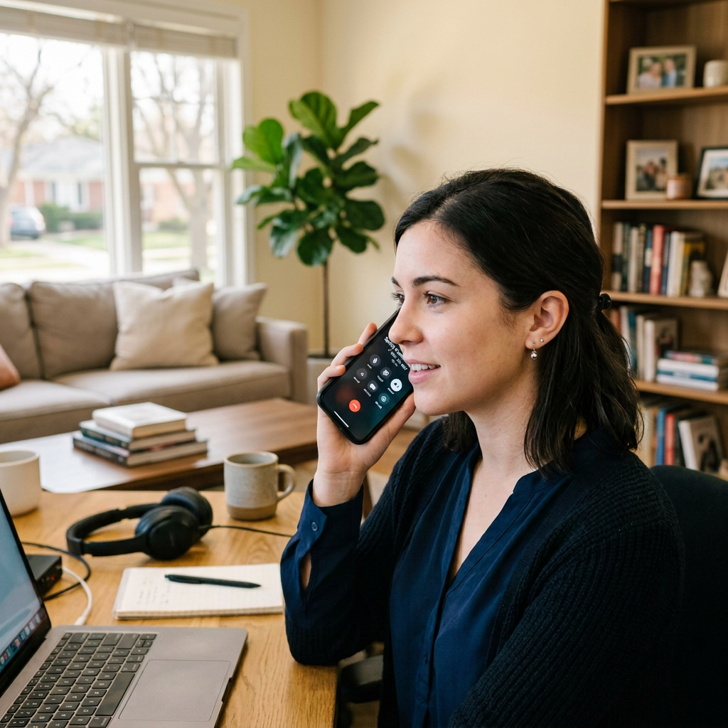 Woman holding smartphone to ear while sitting at a desk with laptop and notebook