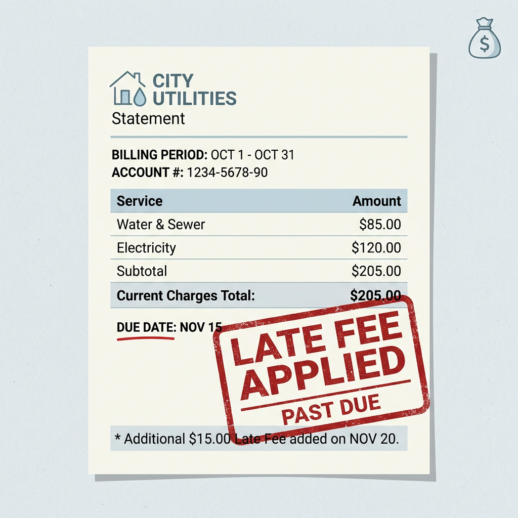 Simple graphic of bill with late fee stamp
